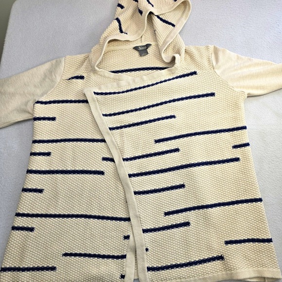 Natural Reflections Sweaters - Natural Reflections Hooded Cardigan L Cream Blue Stripe Open Front Knit Boho....